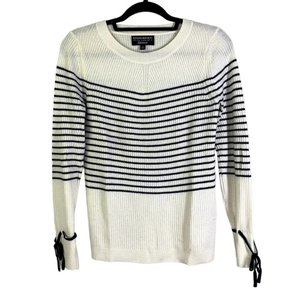 BANANA REPUBLIC‎ White & Black Striped Bow Sleeve Wool & Cashmere Sweater